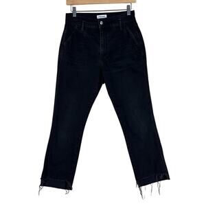 Frame Black High Waisted Frayed Hem Straight Leg Jeans